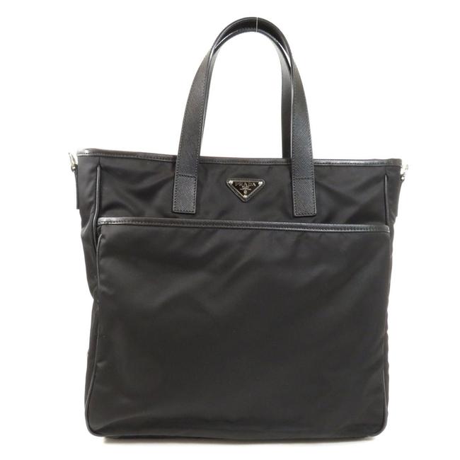 Prada Logo Ladies Black Nylon  Leather Tote