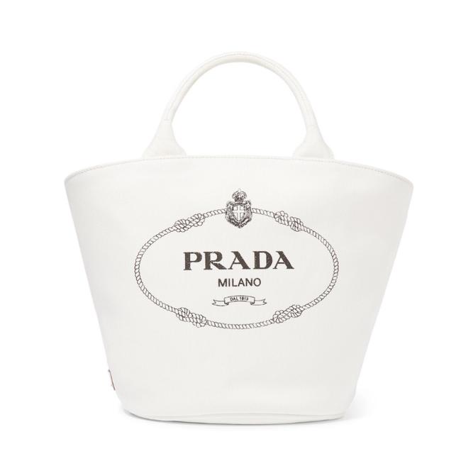 Prada Shoulder Bag Logo Printed Leather Trimmed Canvas Tote
