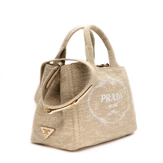 Prada Shoulder Bag Logo Shopping Beige Linen Tote