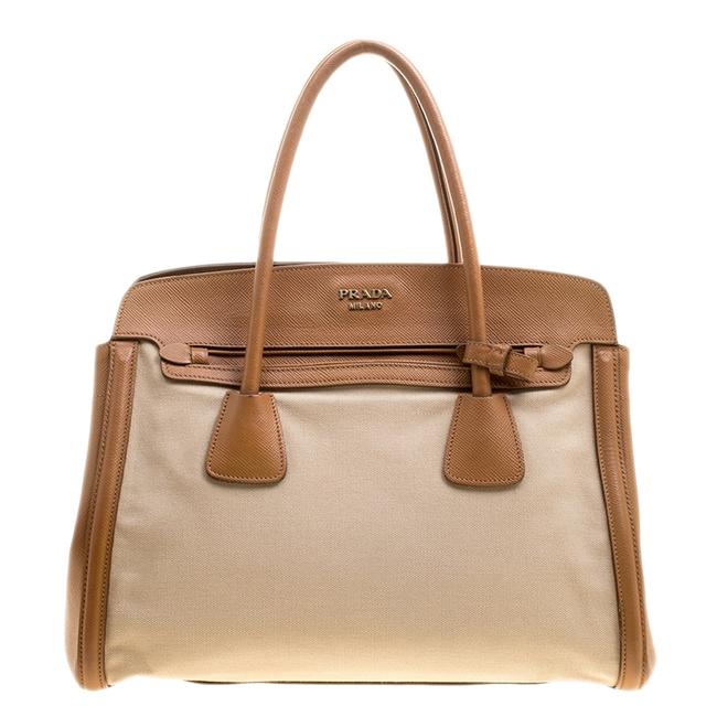 Prada Lux BeigeCaramel Corda and Saffiano Leather Brown Canvas Tote