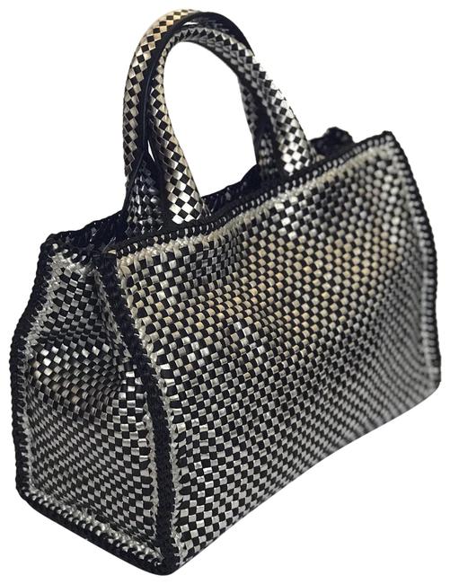 Prada Madras Black and Metallic Silver Leather Tote