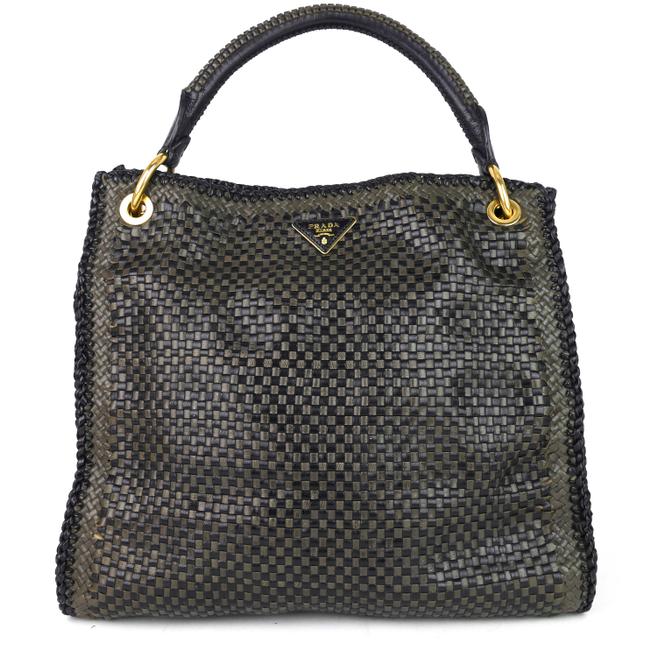 Prada Madras Woven Brown and Black Leather Tote