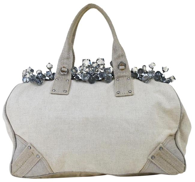 Prada Milano Hand Bijou Linen Made In Italy Lvory Bullhide Leather Tote