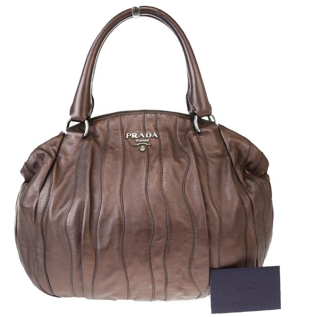 Prada Milano Logo Hand In Italy Bronze Leather Tote