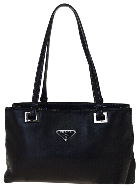 Prada Milano Logo Hand Silver Plated Italy Black Leather Tote