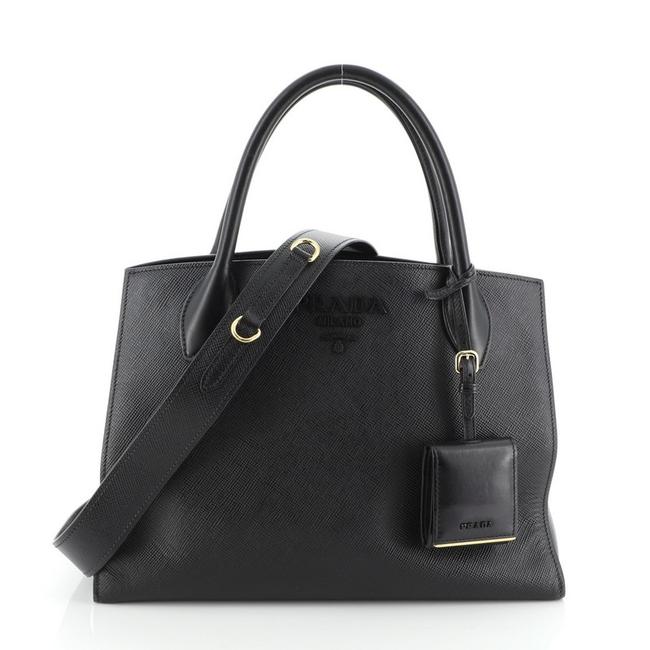 Prada Monochrome Saffiano with City Calf Medium Black Leather Tote