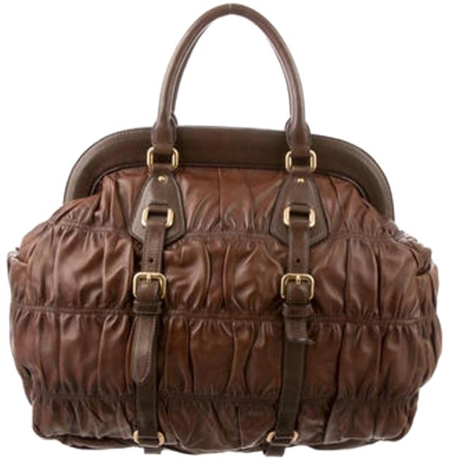 Prada Nappa Gaufre Antik Ruched Brown Leather Tote