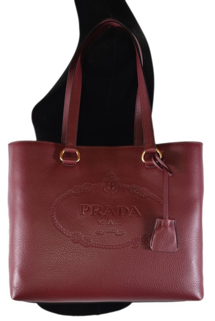 Prada New Vitella Daino Embossed Logo Handbag Purse Cerise Leather Tote
