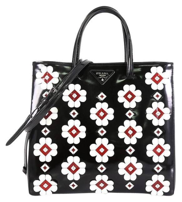 Prada Open Flowers Convertible Spazzolato Medium Black Leather Tote