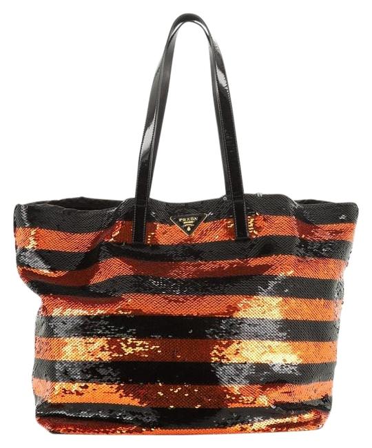 Prada Open Large Black Orange Sequins Tote