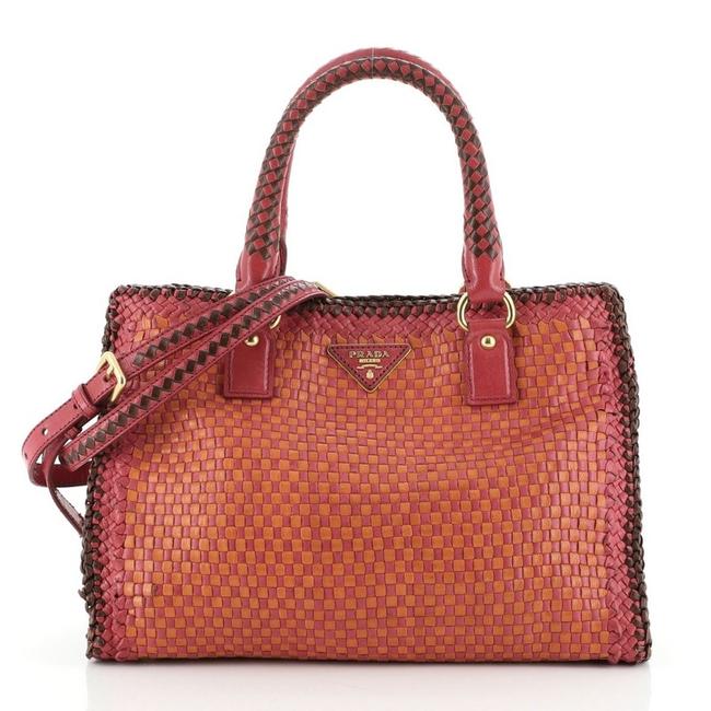Prada Open Madras Convertible Small Brown Orange Pink Woven Leather Tote