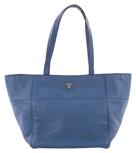 Prada Vitello Daino Open Small Blue Leather Tote