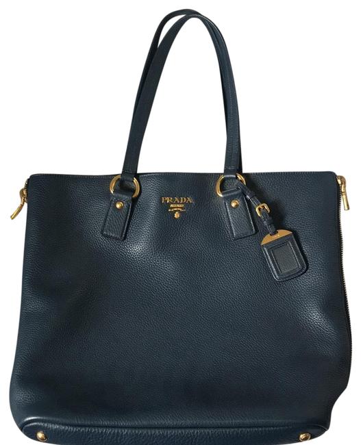 Prada Pebble Navy Blue Deerskin Leather Tote