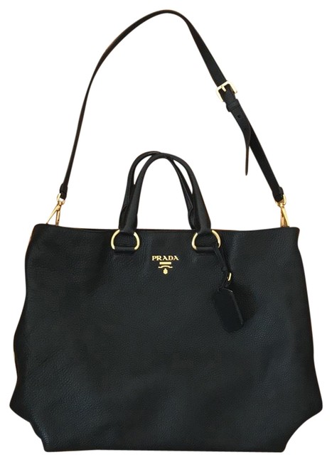 Prada Vitello Daino Hobo Pebbled Satchel Black Leather Tote