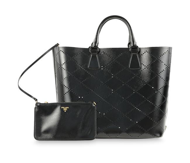 Prada Perforated Shopping Black Patent Leather Tote