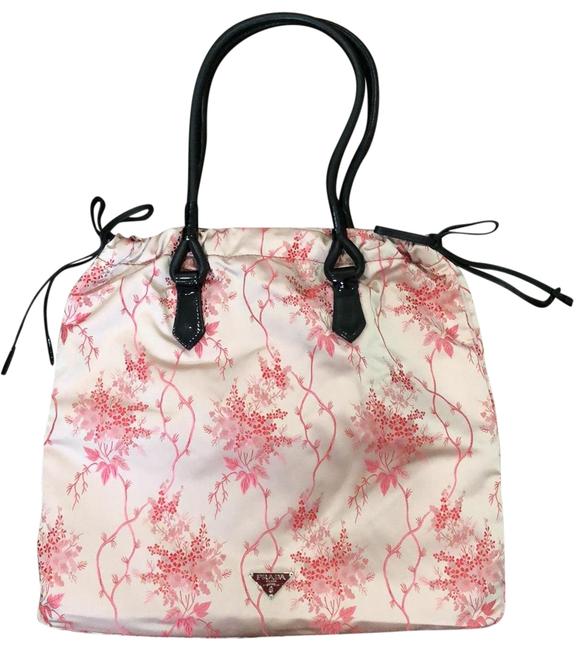 Prada W And Red WBlack Leather Straps PinkBlack Handle Satin Tote