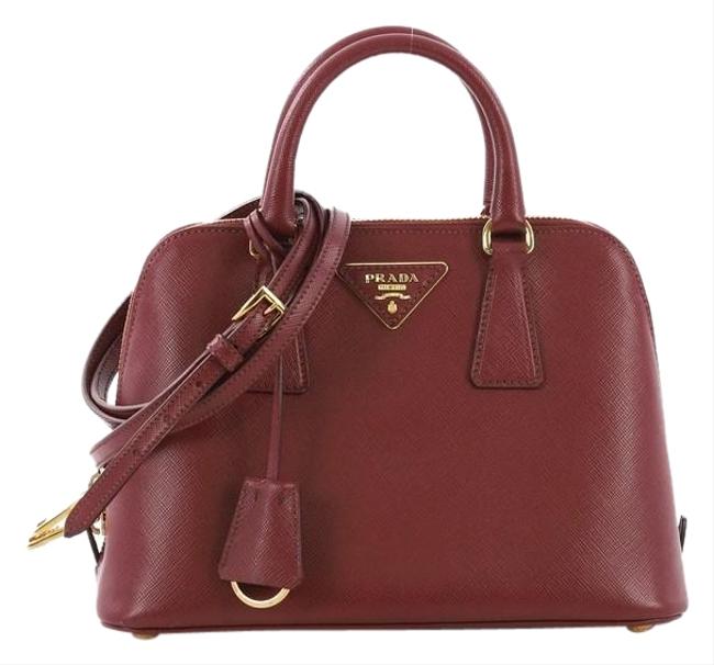 Prada Promenade Handbag Saffiano Small Burgundy Leather Tote
