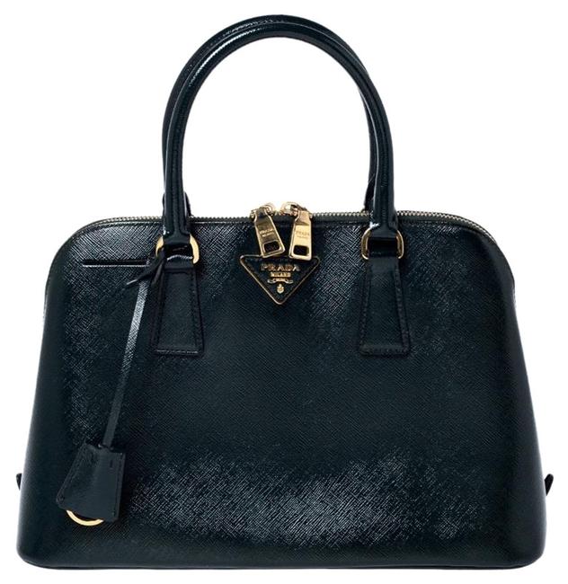 Prada Promenade Lux Dark Saffiano Medium Green Patent Leather Tote