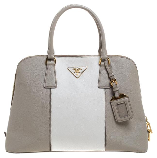 Prada Promenade Lux GreyOff White Saffiano Medium Grey Leather Tote