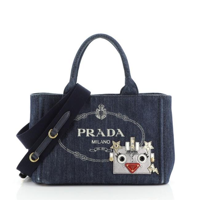 Prada Robot Convertible Small Blue Denim Tote