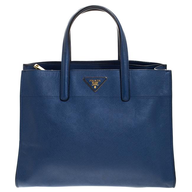 Prada Saffiano Triple Pocket Convertible Blue Leather Tote