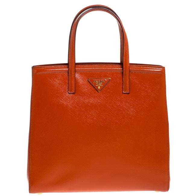 Prada Saffiano Vernice Parabole Orange Patent Leather Tote