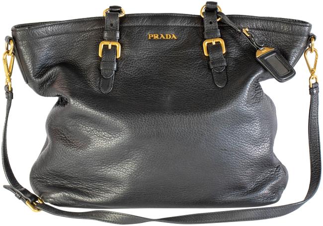 Prada Crossbody Shopper Purse Black Leather Tote
