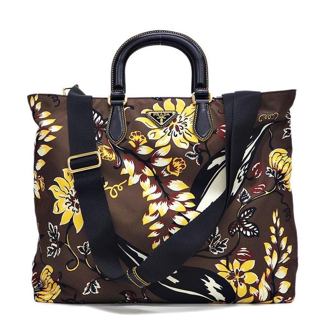 Prada Shopping 2way Bn2741 Ladies Floral Pattern Brown Nylon  Leather Tote