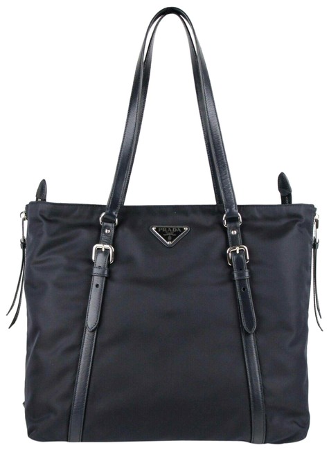 Prada Shopping And with Side Zippers 1bg228 Navy Blue NylonLeather Tote