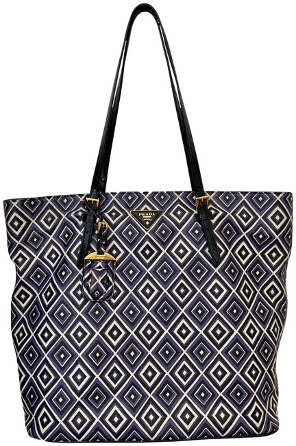 Prada Large Geo Print Black Purple + White Saffiano Leather Tote