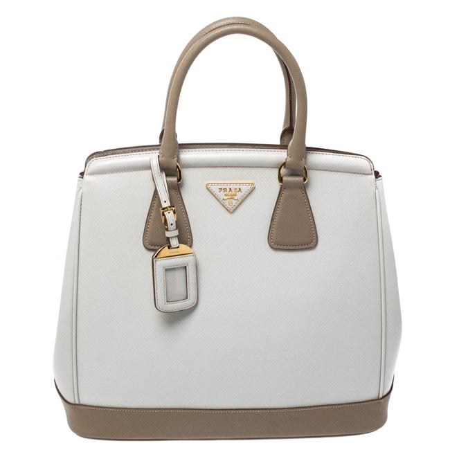 Prada Shopping Lux BeigeWhite Saffiano Parabole Beige Leather Tote