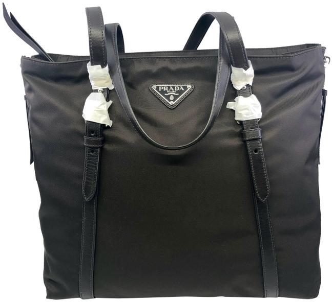 Prada Shopping Tessuto Soft Calf Leather Trim 1bg228 Brown Nylon Tote