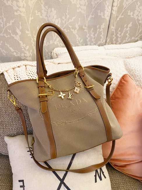 Prada Shoulder Bag Leather Logo  Beige and Camel Canvas Calfskin Tote