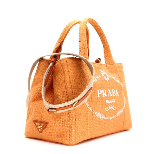 Prada Shoulder Bag Logo Shopping Orange Linen Tote