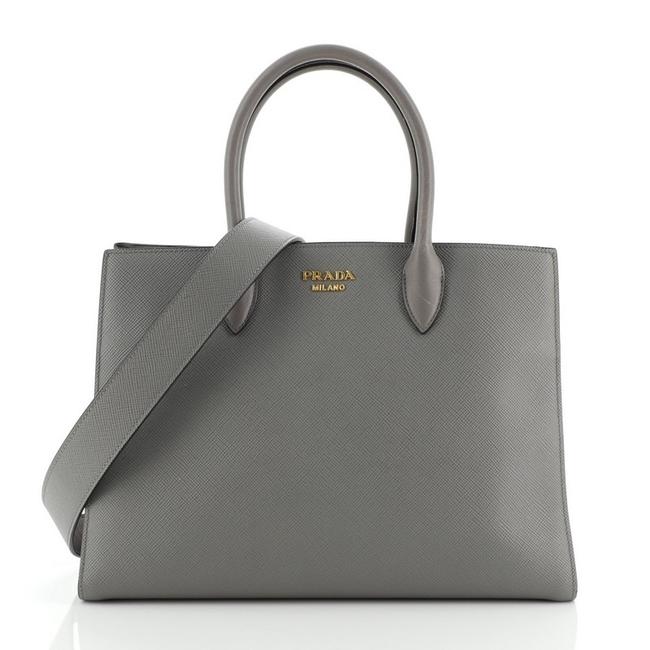 Prada Side Pleat Saffiano Large Gray Leather Tote