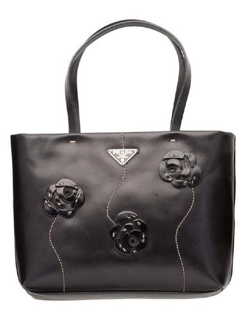 Prada Flower Small Black Leather Tote