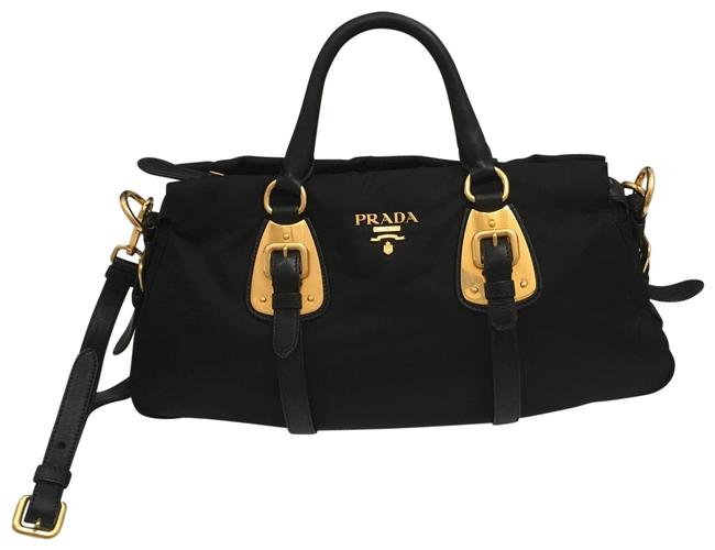Prada Soft Calf Black Tesutto Nylon Gold Hardware and Leather Tote