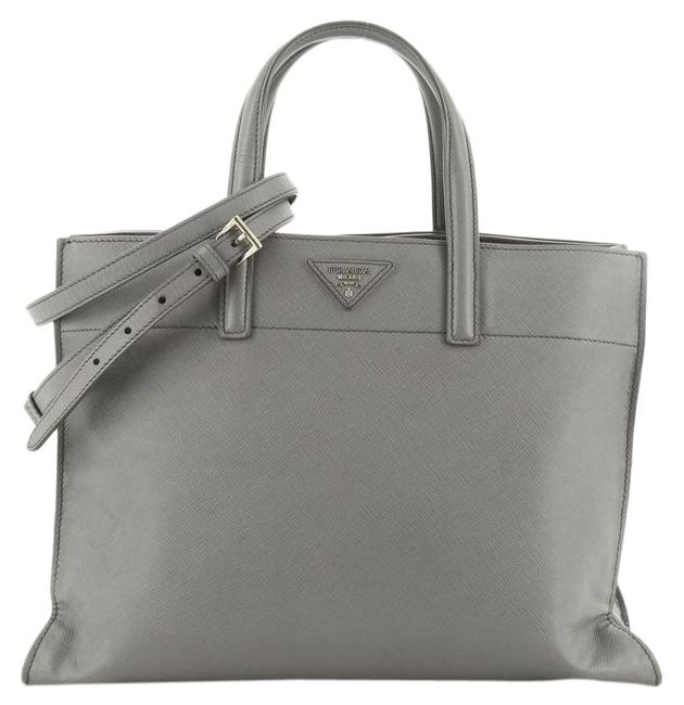 Prada Soft Triple Pocket Convertible Saffiano Gray Leather Tote