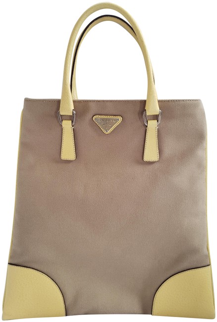Prada Tan  Yellow Canvas Leather Tote