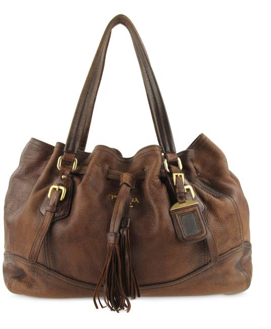 Prada Tassel Drawstring Cervo Brown Leather Tote