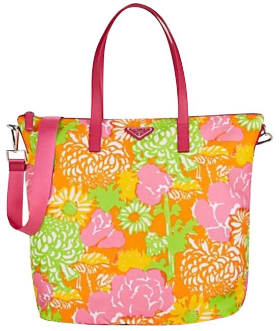 Prada Tessuto Leather trimmed Floral Pink Leather and Nylon Tote