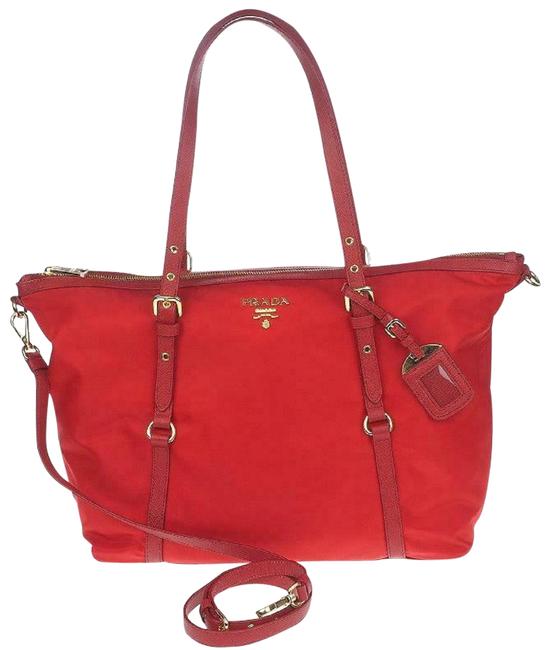 Prada Shopping Tessuto Saffiano Leather Trim 1bg253 Red Nylon Tote