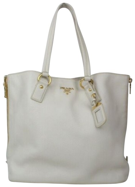 Prada Top Handle Vitello Daino XL W W Zip Sides Ivory LeatherGold Tote