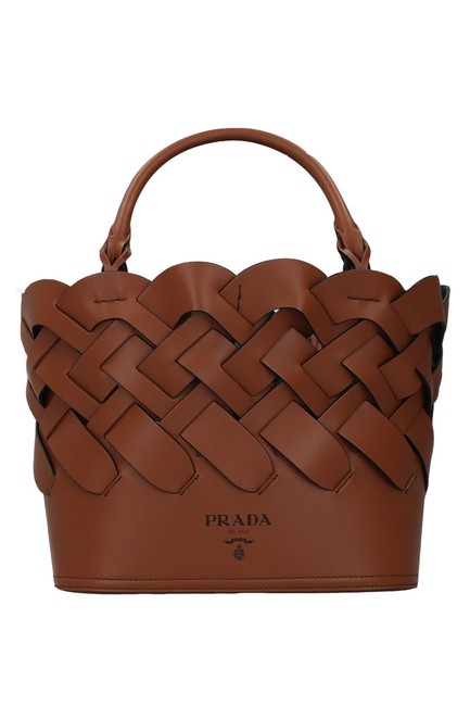 Prada Tress Large Woven Brown Leather Tote