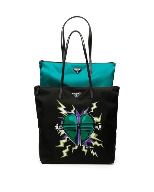 Prada Twin Cr New Black Green Nylon Tote