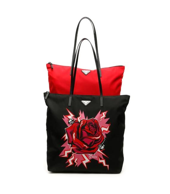 Prada Twin Cr New Black Red Nylon Tote