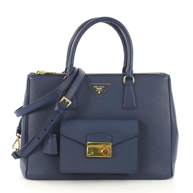 Prada Twin Double Lux Front Pocket Zip Saffiano Medium Blue Leather Tote