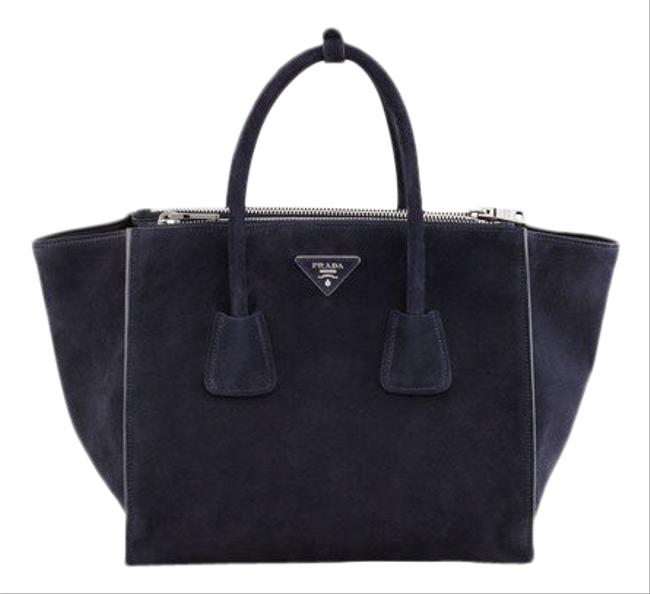 Prada Twin Pocket Bleu Navy Blue Suede Leather Tote