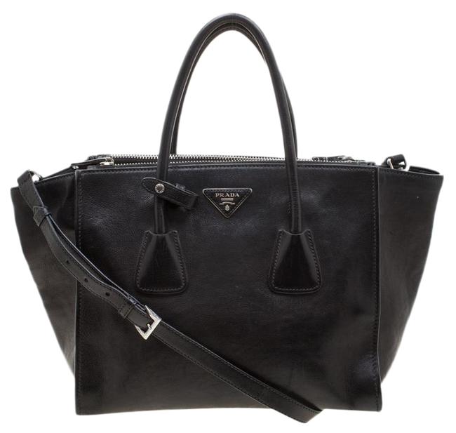 Prada Twin Pocket Double Handle Black Leather Tote