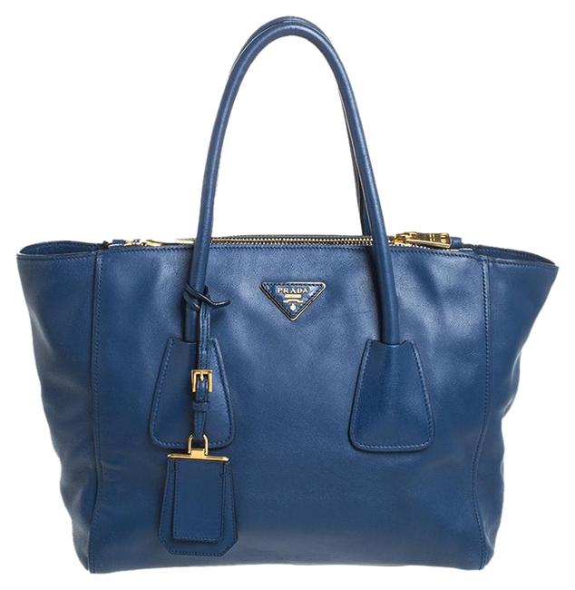 Prada Twin Pocket Double Handle Blue Leather Tote